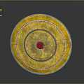 Golden Circular Decorative Plate With Central Red Gemstone And Surrounding Blue White Intricate Patterns