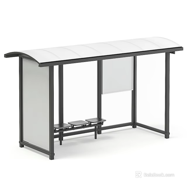 Bus Shelter Structure With Curved White Roof Black Metal Frame Transparent Panels And Seats 3d model 