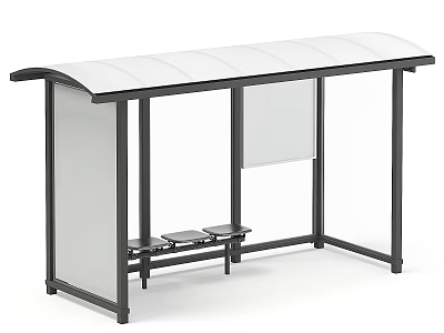 Bus Shelter Structure With Curved White Roof Black Metal Frame Transparent Panels And Seats 3d model