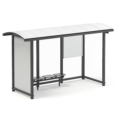 Bus Shelter Structure With Curved White Roof Black Metal Frame Transparent Panels And Seats 3d model
