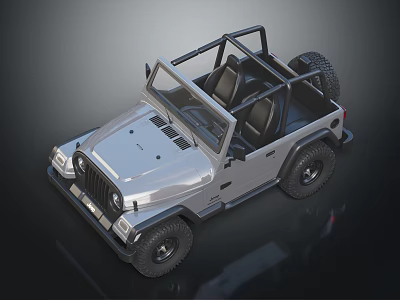 Silver Open Top Off Road Jeep With Black Frame And Spare Tire 3d model