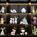 Cute Stuffed Animal Dolls Including Deer Rabbit Penguin And Giraffe On Display Shelves
