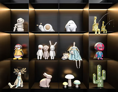 Cute Stuffed Animal Dolls Including Deer Rabbit Penguin And Giraffe On Display Shelves 3d model