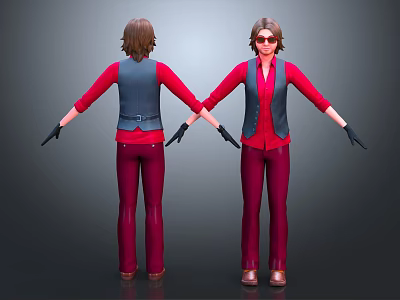3D Character Model Front And Back View Red Shirt Blue Vest Red Pants Black Gloves 3d model