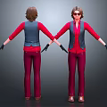 3D Character Model Front And Back View Red Shirt Blue Vest Red Pants Black Gloves