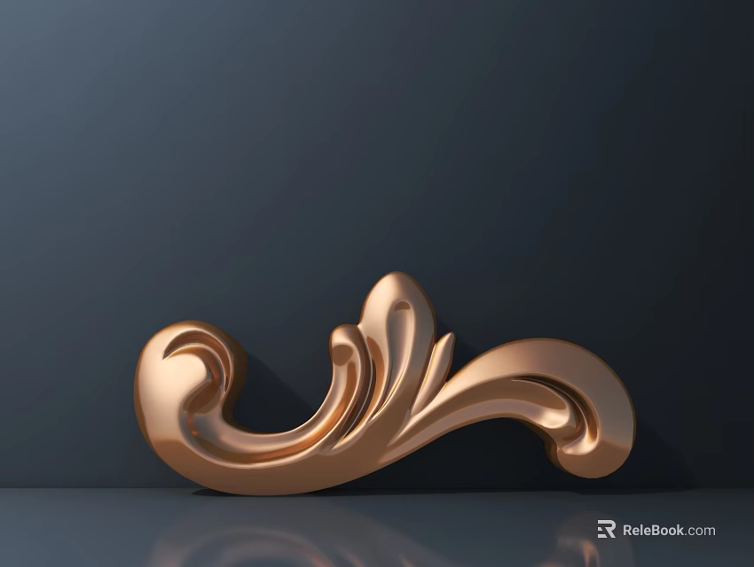 Golden Intricate Carved Metal Decoration With Curved Floral Patterns Design 3d model 