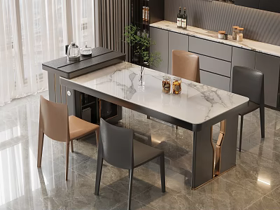 Elegant Modern Dining Table Set With Marble Top And Brown Gray Chairs 3d model