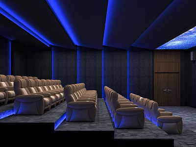 Modern Cinema Interior With Comfortable Seats Blue Lighting And Modern Design Layout 3d model