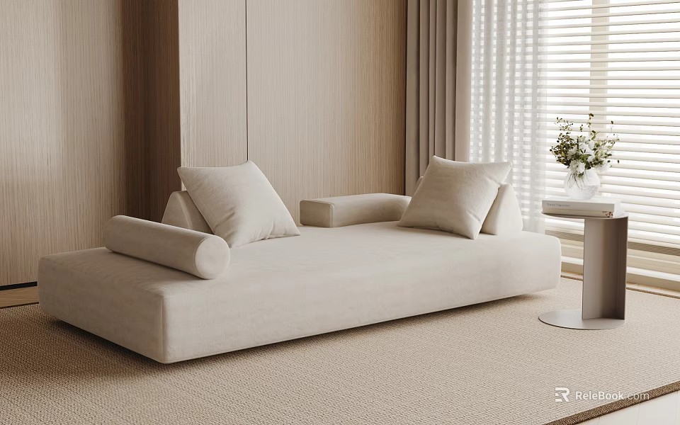 Beige Modern Double Sofa In Minimalist Living Room With Side Table And Flowers 3d model 