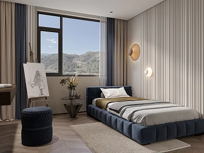 Cozy Modern Bedroom With Blue Tufted Bed Large Window Mountain View Art Easel And Rug 3d model