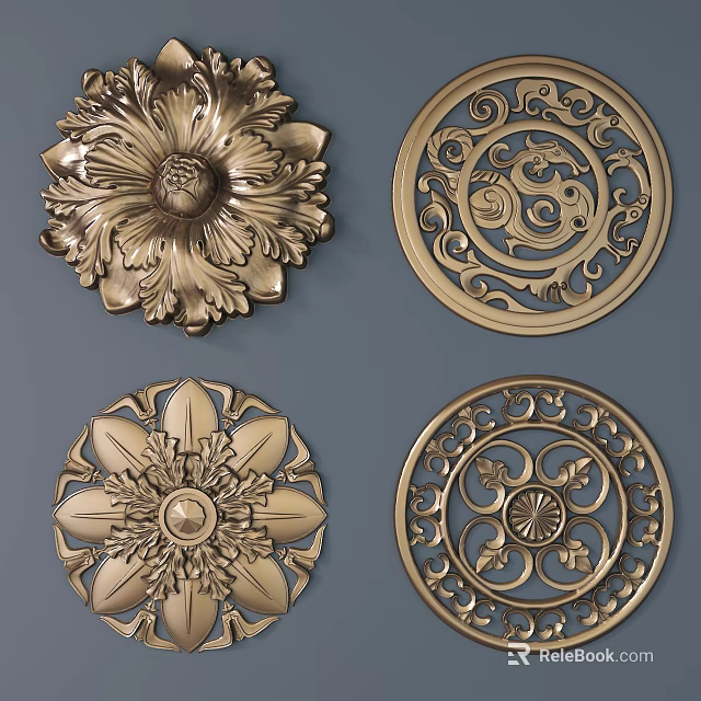 Detailed Golden Carved Decorations With Intricate Floral And Circular Artistic Patterns 3d model 
