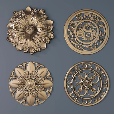 Detailed Golden Carved Decorations With Intricate Floral And Circular Artistic Patterns 3d model