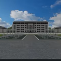 Modern Multistory School Building Design With Red Flag Front Fountains Green Trees And People Walking