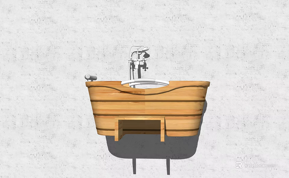 Natural Wooden Freestanding Bathtub With Modern Faucet And White Wall Background 3d model 