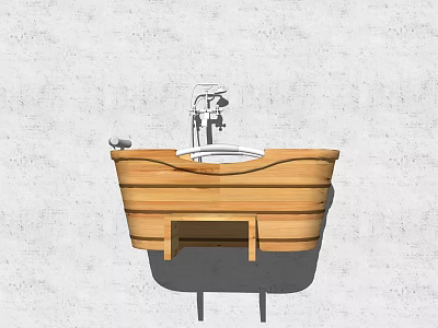 Natural Wooden Freestanding Bathtub With Modern Faucet And White Wall Background 3d model