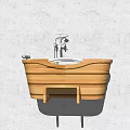 Natural Wooden Freestanding Bathtub With Modern Faucet And White Wall Background