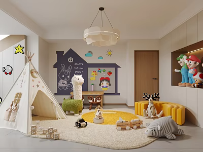 Cozy Kids Playroom With Teepee Cartoon Decor Toys And Yellow Sofa 3d model