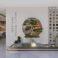 Traditional Chinese Restaurant Interior Featuring Circular Window Pine Tree Stone Decor And Lattice Partition 3d model