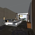 Modern Hotel Room Interior With Twin Beds Wooden Wall Paneling And Patterned Carpet