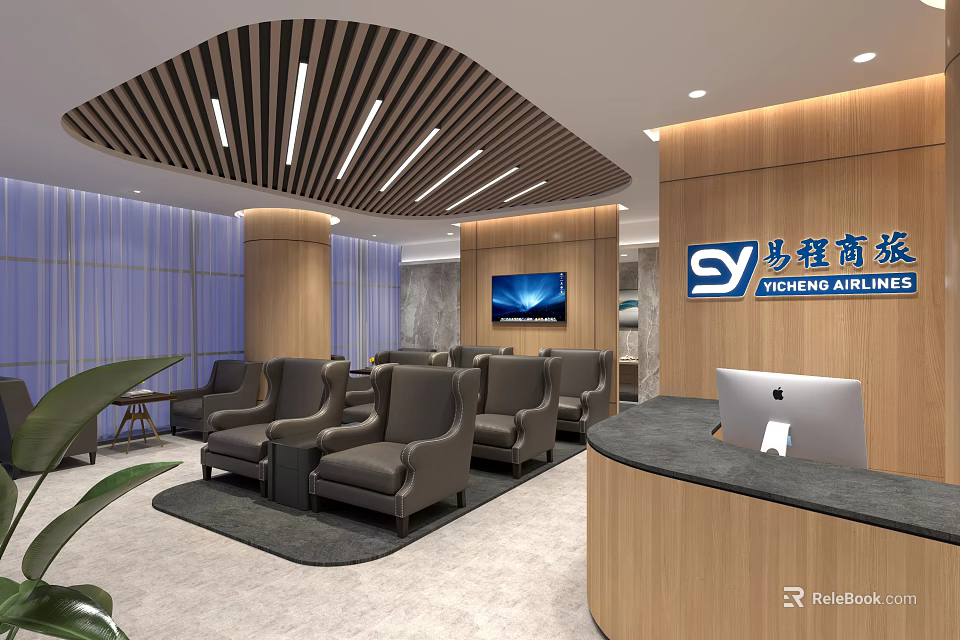 Modern Lounge Area Interior With Wooden Decor Comfortable Seating TV Screen And Green Plants 3d model 