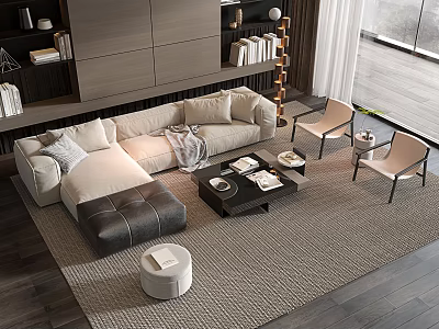 Modern Living Room Sofa And Coffee Table Set With Beige Fabric Leather Ottoman Accent Chairs 3d model