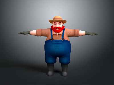 Human Farmer Character Wearing Straw Hat Red Beard Blue Overalls And Black Boots 3d model