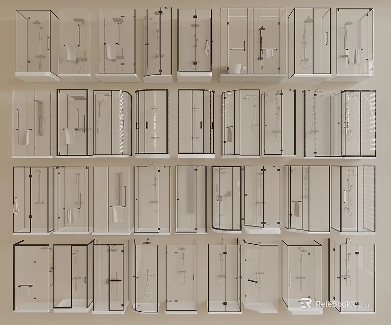 Various Styles of Shower Heads Displayed in Multiple Glass Showcase Cabinets 3d model 