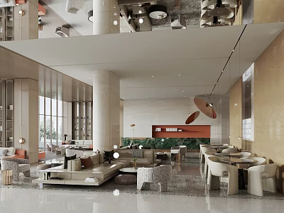 Modern Sales Office Interior With Spacious Lounge Sofas Tables Greenery And Pendant Lights 3d model