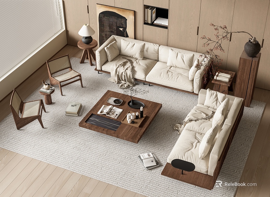 Modern Cozy Sofa And Coffee Table Set With Wooden Table Accent Chairs And Fireplace 3d model 