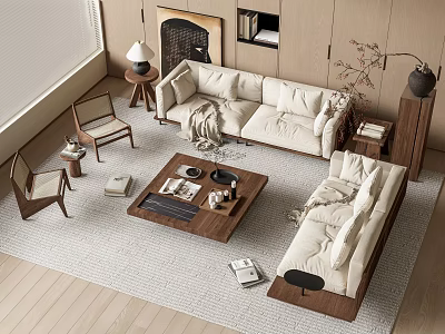 Modern Cozy Sofa And Coffee Table Set With Wooden Table Accent Chairs And Fireplace 3d model