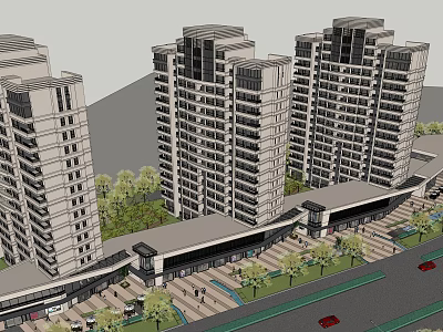 Commercial Street With High Rise Residential Buildings Greenery Pedestrian Walkways And Vehicles 3d model
