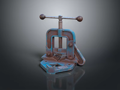 Rusty Blue Clamp Tool With Two Knobs Base And Clamping Arm Structure 3d model