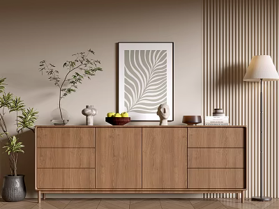 Entryway Wooden Console Table With Vase Fruit Bowl Books Leaf Artwork And Floor Lamp 3d model