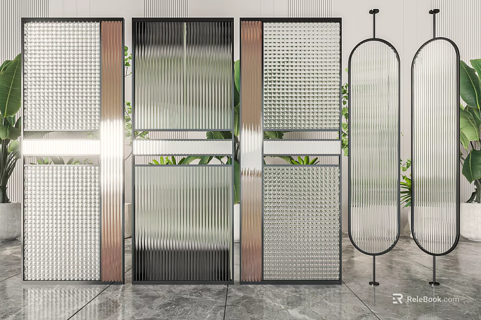 Modern Room Dividers With Metal Frames Glass Panels And Geometric Patterns 3d model