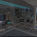 Futuristic Kitchen Interior With Metallic Materials Blue Lighting Built In Appliances And Geometric Flooring