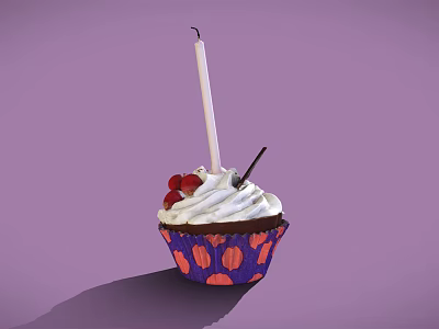 Delicious Cupcake With Whipped Cream Strawberries And White Candle In Purple Liner With Orange Dots 3d model
