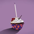 Delicious Cupcake With Whipped Cream Strawberries And White Candle In Purple Liner With Orange Dots