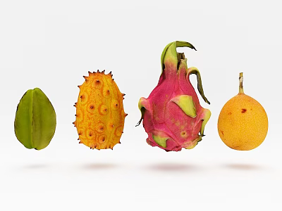 Exotic Fruits Showcase Green Starfruit Yellow Spiky Kiwano Pink Dragon Fruit And Yellow Egg Fruit 3d model