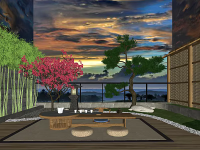 New Chinese Style Courtyard Courtyard Landscape Balcony Courtyard Roof Garden Leisure Tea 3d model