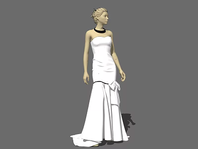 Model Wearing Elegant White Strapless Long Dress With Black Necklace And Updo Hairstyle 3d model