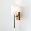 Modern Wall Lamp with White Lampshade Wooden Base and Metal Bracket on White Wall
