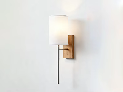 Modern Wall Lamp with White Lampshade Wooden Base and Metal Bracket on White Wall 3d model
