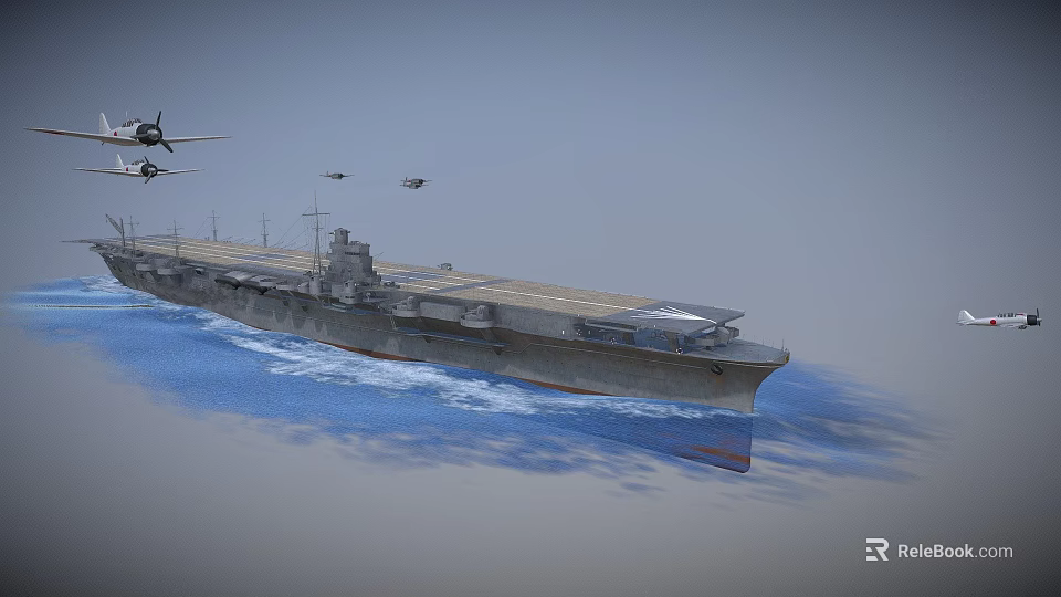 Aircraft Carrier Sailing On Blue Ocean With Several Airplanes Flying Nearby 3d model 