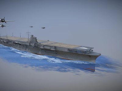 Aircraft Carrier Sailing On Blue Ocean With Several Airplanes Flying Nearby 3d model