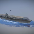 Aircraft Carrier Sailing On Blue Ocean With Several Airplanes Flying Nearby