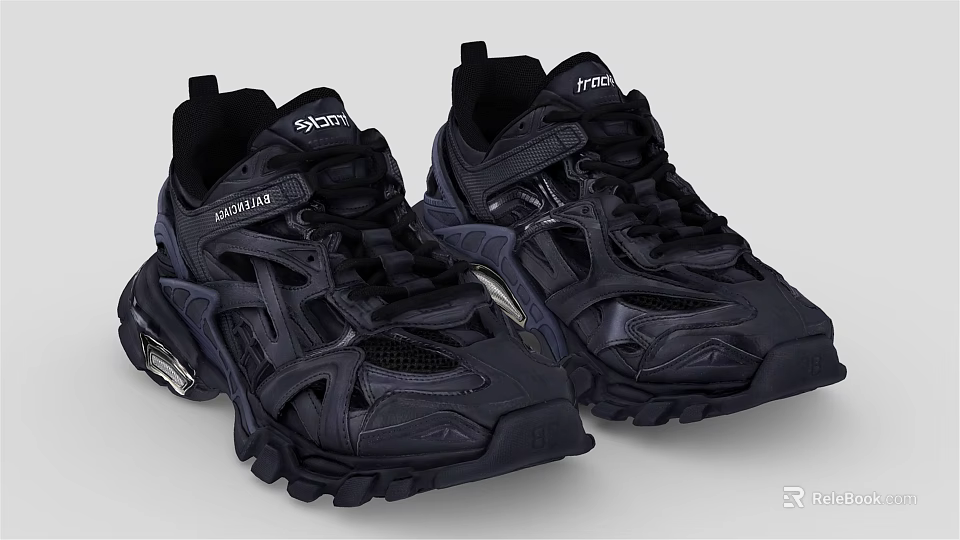 Trendy Black Extreme Sporty Shoes With Thick Sole Mesh Leather And Complex Laces 3d model 
