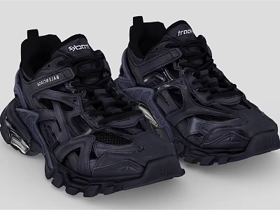 Trendy Black Extreme Sporty Shoes With Thick Sole Mesh Leather And Complex Laces 3d model