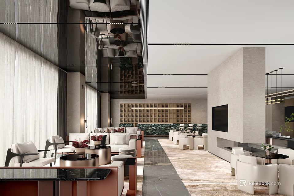 Modern Lounge Area With White Sofas Tables Windows TV And Elegant Decor 3d model 
