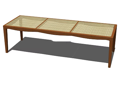 Long Wooden Bench With Woven Seat Sections And Simple Frame Design 3d model