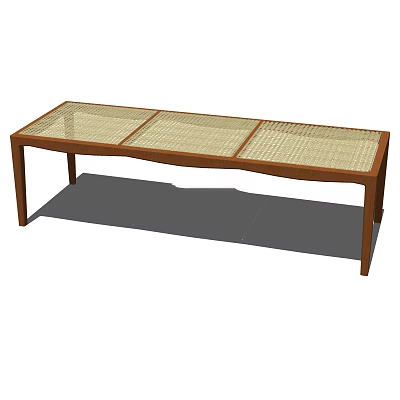 Long Wooden Bench With Woven Seat Sections And Simple Frame Design 3d model
